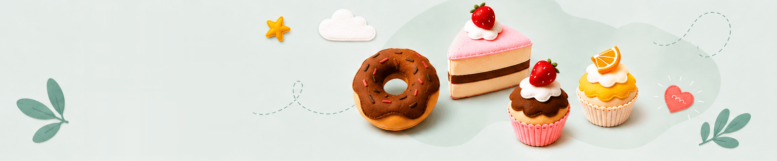 Donut, fatia de bolo e cupcakes de feltro
